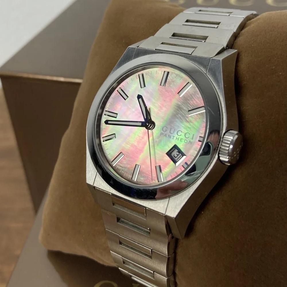 GUCCI Stainless Steel Black Mother of Pearl 115 Pantheon Quartz Watch